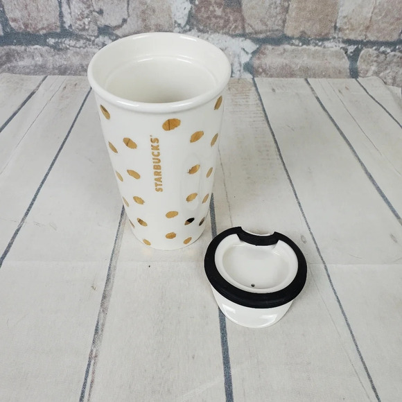 Starbucks Double Wall Travel Tumbler Dot Collection Gold Polka Dots White Lidded - Picture 6 of 10
